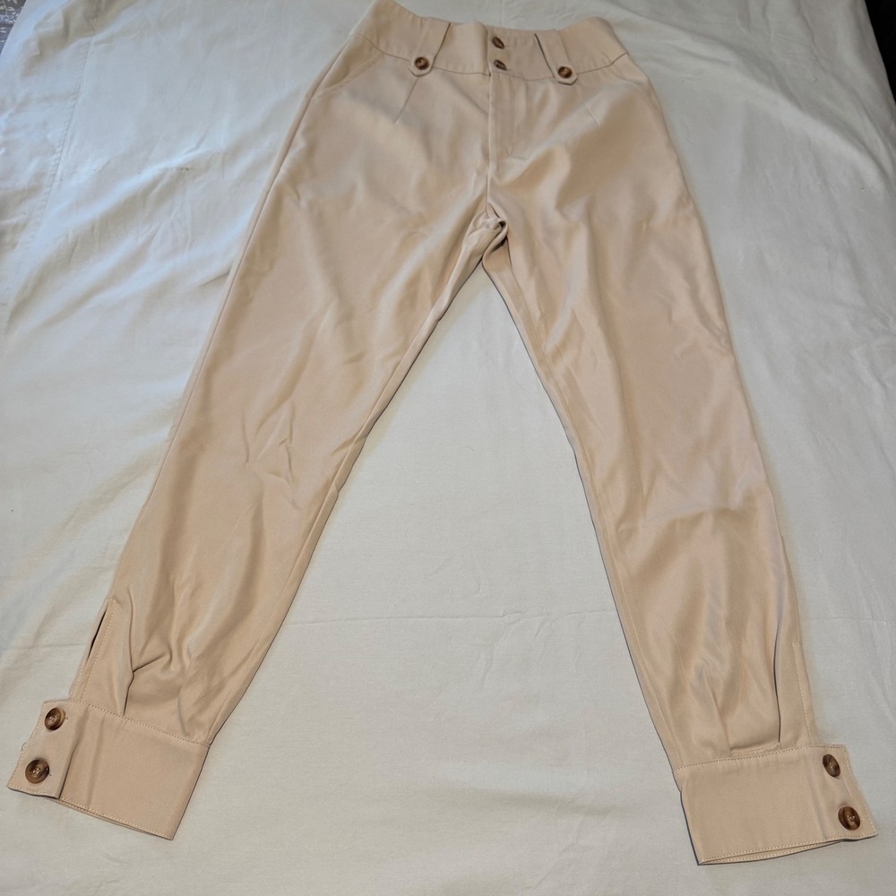 Womens XS High Waist Button Cuff Ankle Pants Beige Career Casual